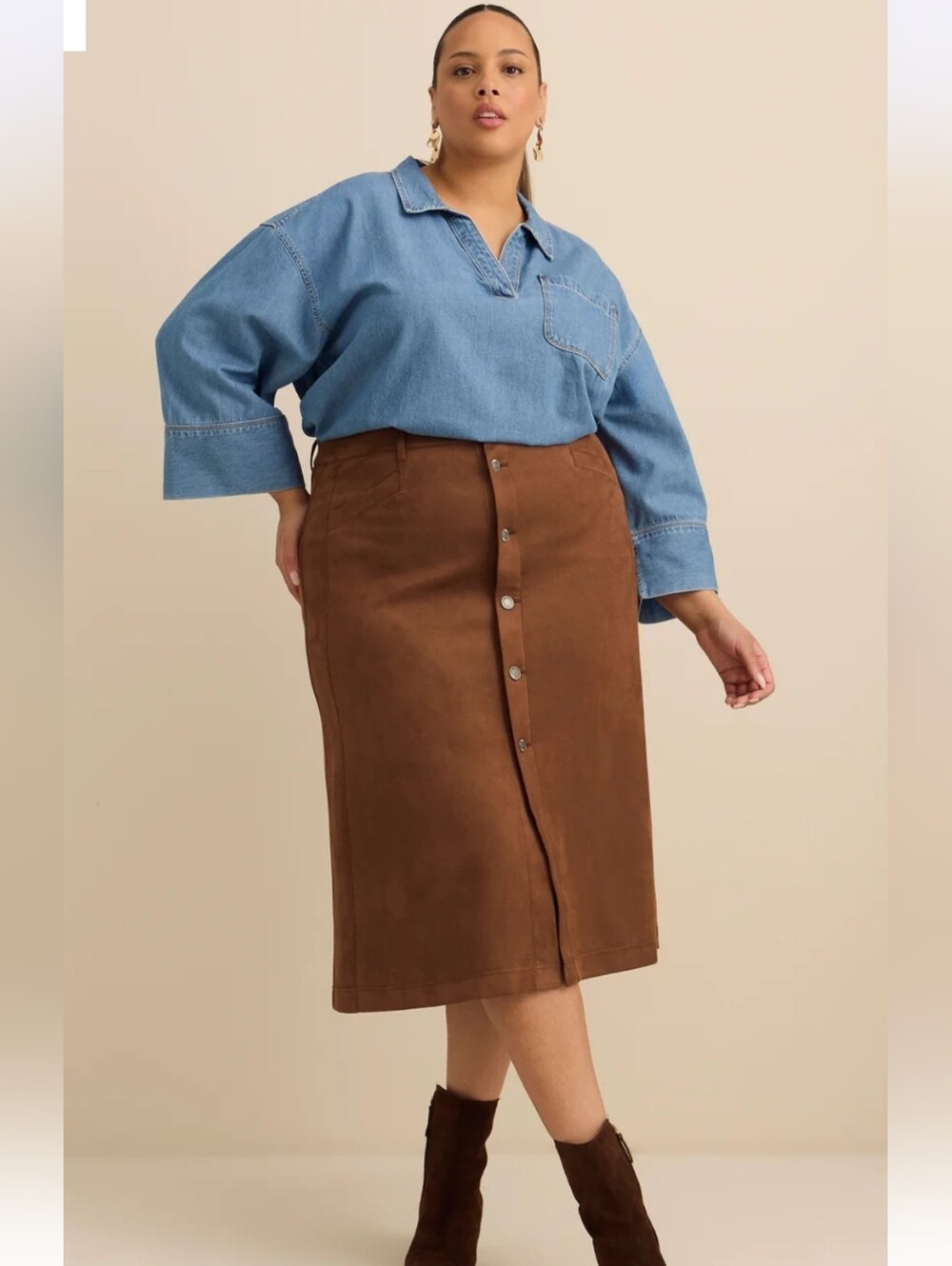 Penningtons Brown Button-Front Midi Skirt